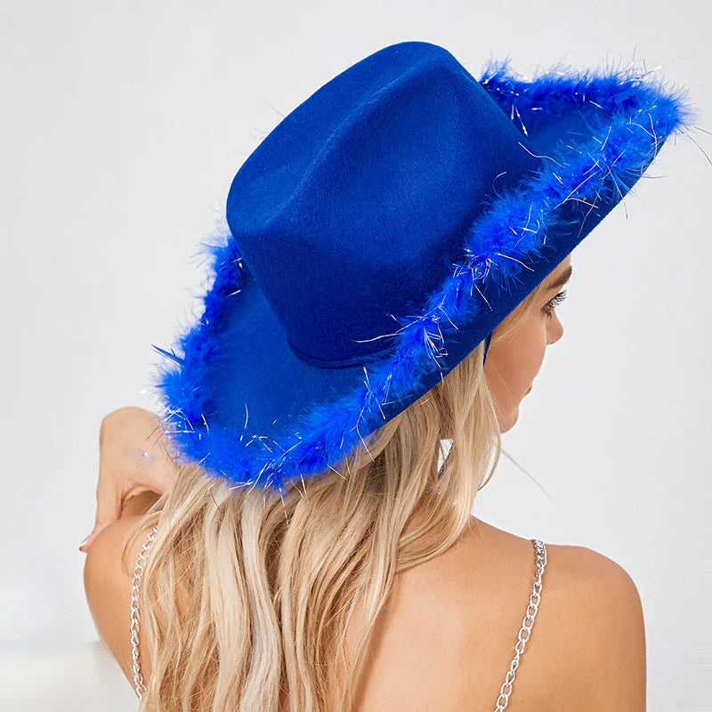 2024 Fashion Women´s Party Hats Cowboy Hat Adult Solid Color Furry Trim Wide Brim Hat Female Cap for Dating Party - www.Shopthatapp.com