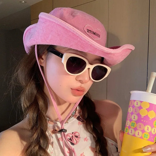 Japanese Retro Washed Cowboy Hats for Women Spring and Summer Outdoor Camping Sun Protection Sweet Pink Love Bucket Caps - www.Shopthatapp.com
