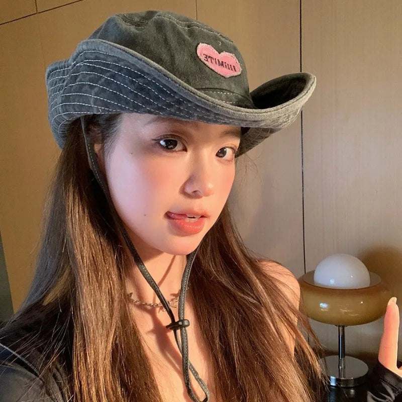 Japanese Retro Washed Cowboy Hats for Women Spring and Summer Outdoor Camping Sun Protection Sweet Pink Love Bucket Caps - www.Shopthatapp.com