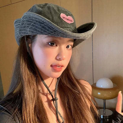 Japanese Retro Washed Cowboy Hats for Women Spring and Summer Outdoor Camping Sun Protection Sweet Pink Love Bucket Caps - www.Shopthatapp.com