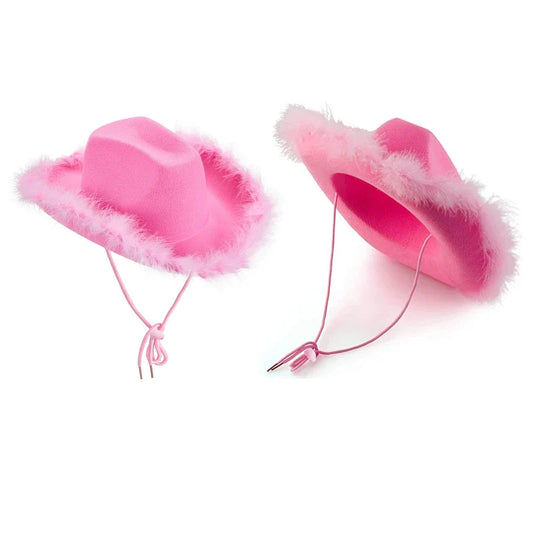 Fashion Pink Cowgirl Hat Feather Brim Cowboy Hat Western Cowboy Hat for Bachelorette Party Carnival Cosplay - www.Shopthatapp.com