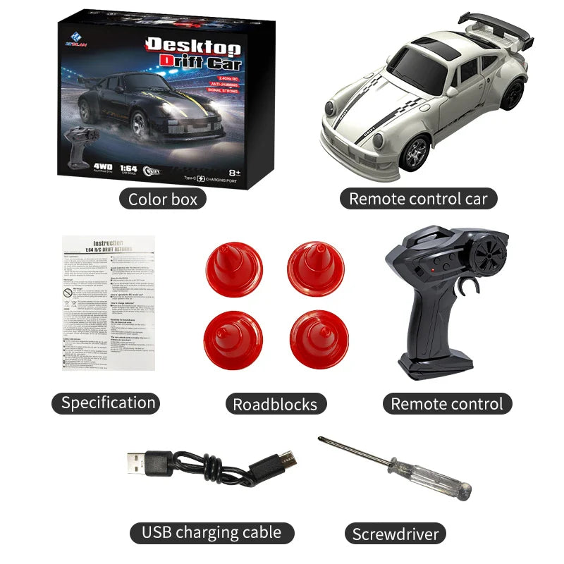 KF20 1:64 4WD Mini RC Drift Car - Desktop Racing, LED Lights, Type-C Charging - www.Shopthatapp.com