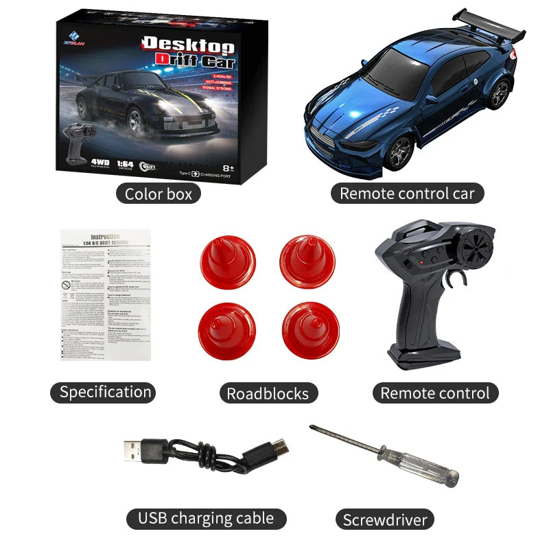 KF20 1:64 4WD Mini RC Drift Car - Desktop Racing, LED Lights, Type-C Charging - www.Shopthatapp.com