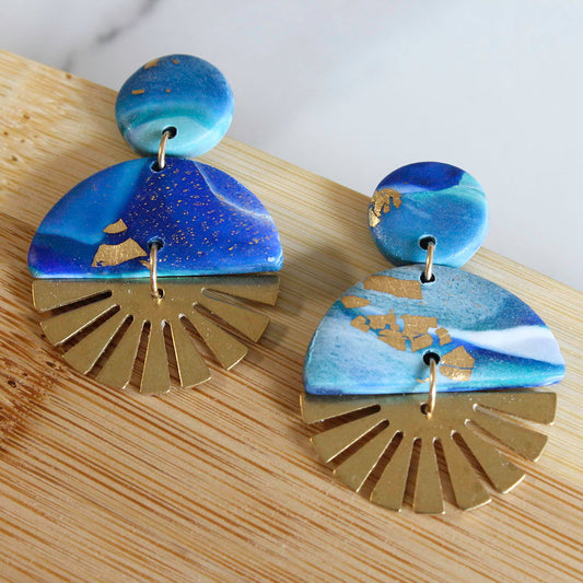 SOL Earrings.  Blue Lagoon Polymer Clay Earrings with brass Sun Rays - Www.Shopthatapp.com