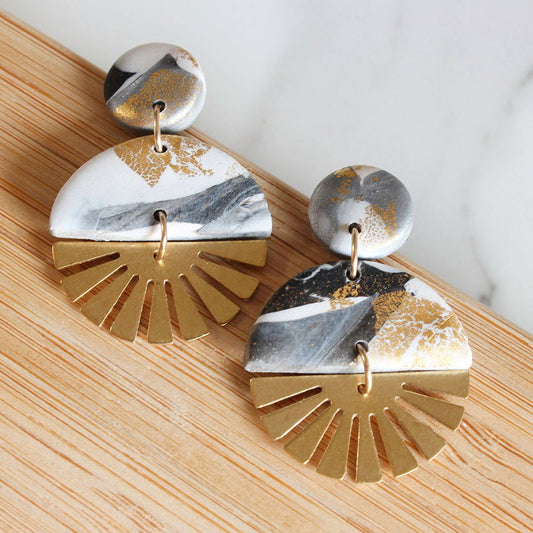 SOL Earrings.  White, Black & Grey Polymer Clay Earrings with brass Sun Rays - Www.Shopthatapp.com