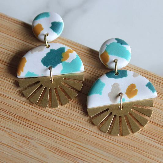 SOL Earrings.  White Polymer Clay Terrazzo earrings with brass Sun Rays - Www.Shopthatapp.com