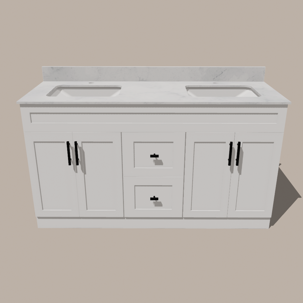 60-Inch Double Sink Shaker Bathroom Vanity — White or Gray | Plywood Cabinet, Solid-Wood Doors, Soft-Close 3-Way Clip-On Hinges | Center Drawers - www.Shopthatapp.com