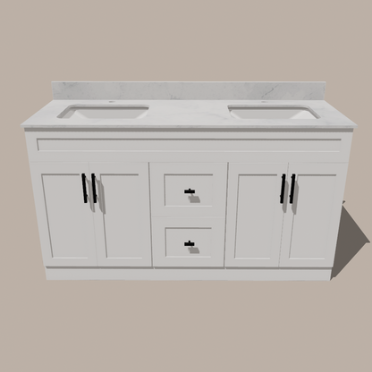 72-Inch Double Sink Shaker Bathroom Vanity — White or Gray | Plywood Cabinet, Solid-Wood Doors, Soft-Close 3-Way Clip-On Hinges | Center 2 Drawers - www.Shopthatapp.com