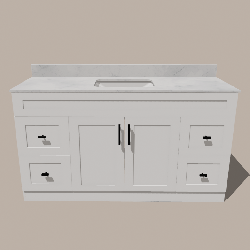 60-Inch Single Sink Shaker Bathroom Vanity — White or Gray | Plywood Cabinet, Solid-Wood Doors, Soft-Close 3-Way Clip-On Hinges | 4 Drawers, Center Double Doors - www.Shopthatapp.com