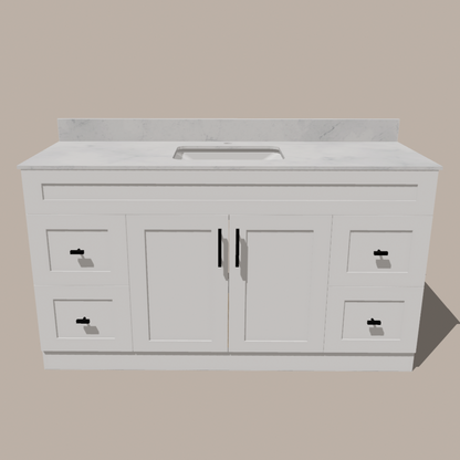 60-Inch Single Sink Shaker Bathroom Vanity — White or Gray | Plywood Cabinet, Solid-Wood Doors, Soft-Close 3-Way Clip-On Hinges | 4 Drawers, Center Double Doors - www.Shopthatapp.com
