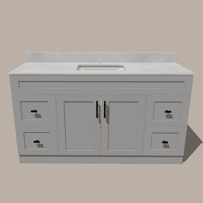 60-Inch Single Sink Shaker Bathroom Vanity — White or Gray | Plywood Cabinet, Solid-Wood Doors, Soft-Close 3-Way Clip-On Hinges | 4 Drawers, Center Double Doors - www.Shopthatapp.com