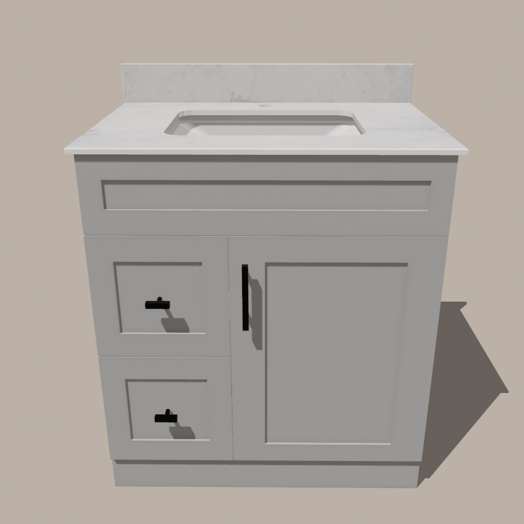 30-Inch Shaker Bathroom Vanity with Drawers — Left or Right | White or Gray | Plywood Cabinet, Solid-Wood Door, Soft-Close 3-Way Clip-On Hinges - www.Shopthatapp.com