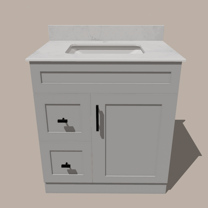 30-Inch Shaker Bathroom Vanity with Drawers — Left or Right | White or Gray | Plywood Cabinet, Solid-Wood Door, Soft-Close 3-Way Clip-On Hinges - www.Shopthatapp.com