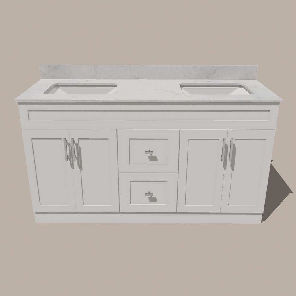 60-Inch Double Sink Shaker Bathroom Vanity — White or Gray | Plywood Cabinet, Solid-Wood Doors, Soft-Close 3-Way Clip-On Hinges | Center Drawers - www.Shopthatapp.com