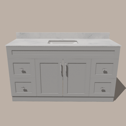60-Inch Single Sink Shaker Bathroom Vanity — White or Gray | Plywood Cabinet, Solid-Wood Doors, Soft-Close 3-Way Clip-On Hinges | 4 Drawers, Center Double Doors - www.Shopthatapp.com