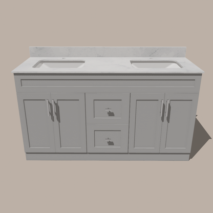 60-Inch Double Sink Shaker Bathroom Vanity — White or Gray | Plywood Cabinet, Solid-Wood Doors, Soft-Close 3-Way Clip-On Hinges | Center Drawers - www.Shopthatapp.com