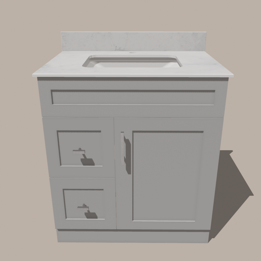 30-Inch Shaker Bathroom Vanity with Drawers — Left or Right | White or Gray | Plywood Cabinet, Solid-Wood Door, Soft-Close 3-Way Clip-On Hinges - www.Shopthatapp.com
