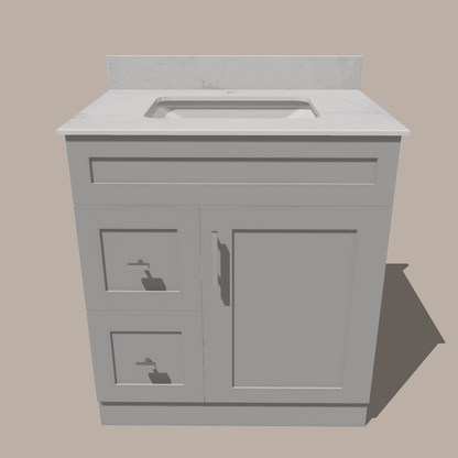 30-Inch Shaker Bathroom Vanity with Drawers — Left or Right | White or Gray | Plywood Cabinet, Solid-Wood Door, Soft-Close 3-Way Clip-On Hinges - www.Shopthatapp.com