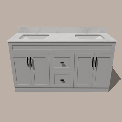 72-Inch Double Sink Shaker Bathroom Vanity — White or Gray | Plywood Cabinet, Solid-Wood Doors, Soft-Close 3-Way Clip-On Hinges | Center 2 Drawers - www.Shopthatapp.com