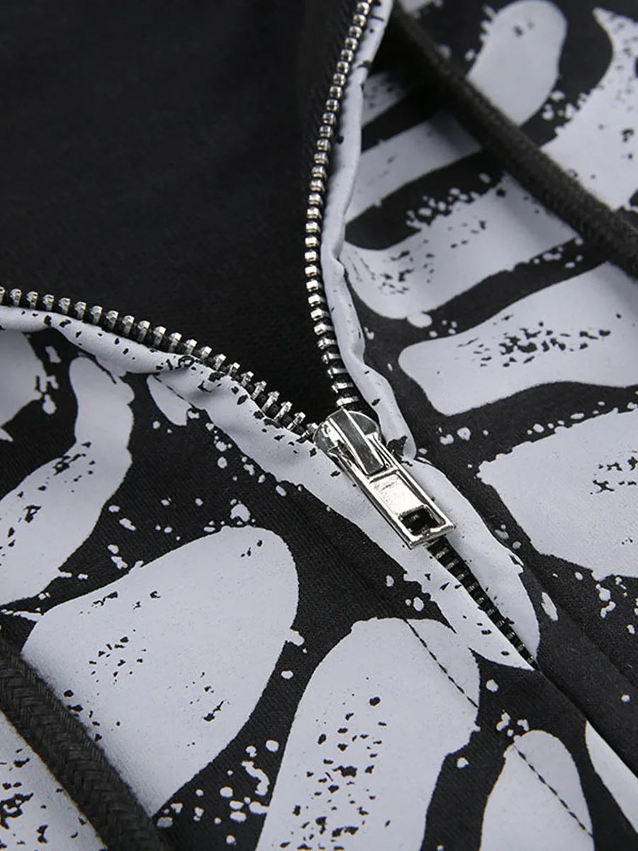 Women's Dark Aesthetic Hoodies Gothic Punk Skull Print Sweatshirt Long Sleeves Casual Hooded Coat y2k Fairycore Grunge Clothes - www.Shopthatapp.com