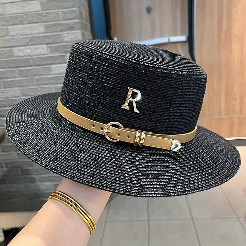 Summer Sun Hat Flat Top Straw Hats for Women New Metal R Letter Fashionable Beach Sun Hat Females Travel Holidays Boater Hat - www.Shopthatapp.com
