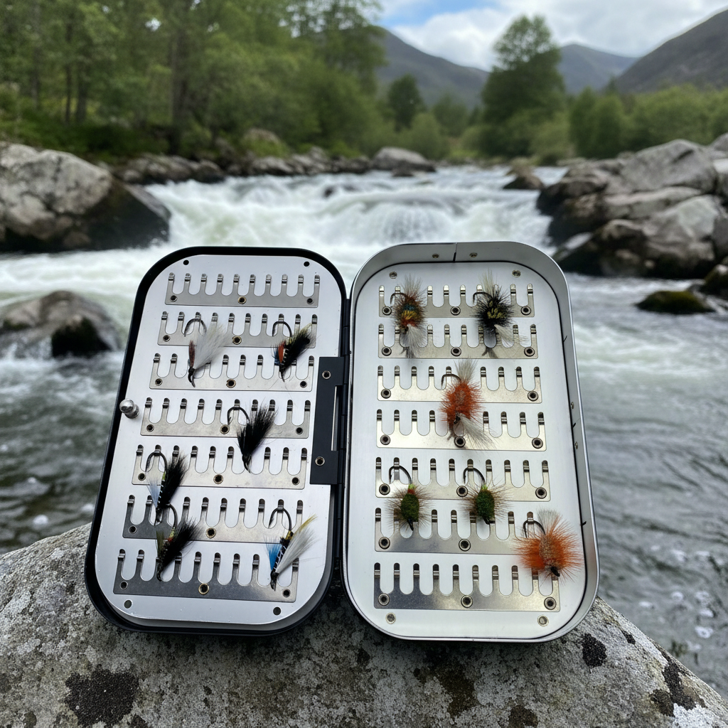 Fly Fishing Kit, Atlantic Salmon Flies, Mixed Selection, with Aluminum Flybox + Engraved Image - www.Shopthatapp.com