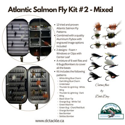 Fly Fishing Kit, Atlantic Salmon Flies, Mixed Selection, with Aluminum Flybox + Engraved Image - www.Shopthatapp.com