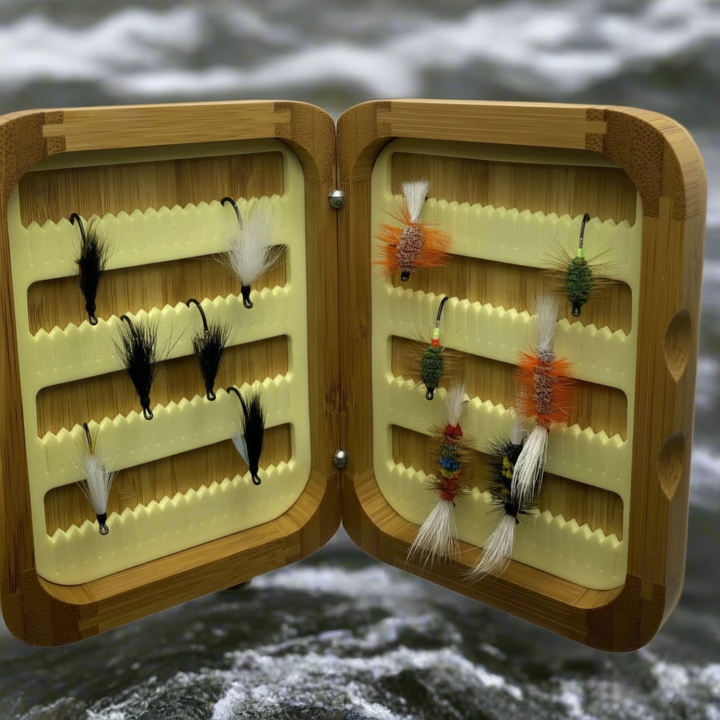 Fly Fishing Kit, Atlantic Salmon Flies, Mixed Wet Flies and Bugs & Bombers, with Bamboo Flybox - www.Shopthatapp.com