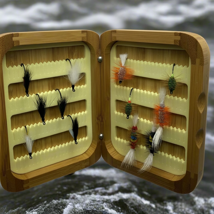 Fly Fishing Kit, Atlantic Salmon Flies, Mixed Wet Flies and Bugs & Bombers, with Bamboo Flybox - www.Shopthatapp.com