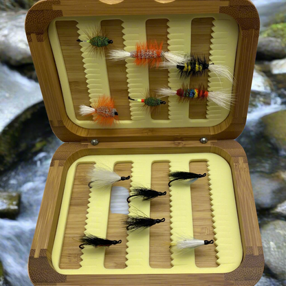 Fly Fishing Kit, Atlantic Salmon Flies, Mixed Wet Flies and Bugs & Bombers, with Bamboo Flybox - www.Shopthatapp.com