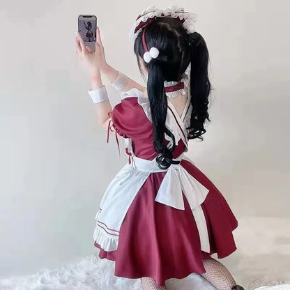 Women's Dress Red White Lolita Maid Costume Cosplay Costumes Cute Dress Sexy French Apron Uniform Cafe Maid Party Skirt - www.Shopthatapp.com