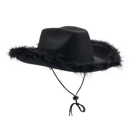 2024 Fashion Women´s Party Hats Cowboy Hat Adult Solid Color Furry Trim Wide Brim Hat Female Cap for Dating Party - www.Shopthatapp.com