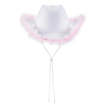 2024 Fashion Women´s Party Hats Cowboy Hat Adult Solid Color Furry Trim Wide Brim Hat Female Cap for Dating Party - www.Shopthatapp.com