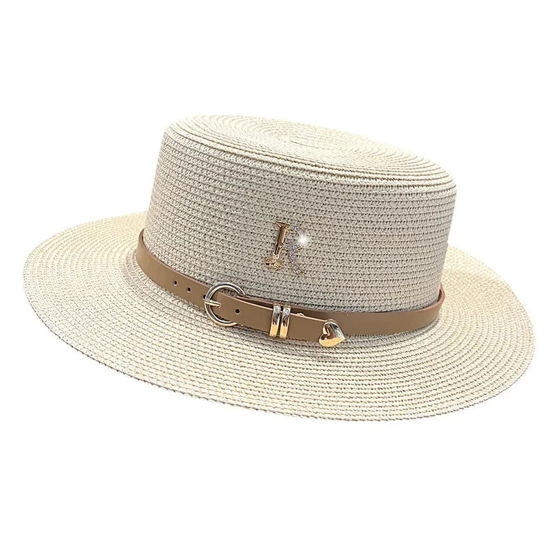 Summer Sun Hat Flat Top Straw Hats for Women New Metal R Letter Fashionable Beach Sun Hat Females Travel Holidays Boater Hat - www.Shopthatapp.com