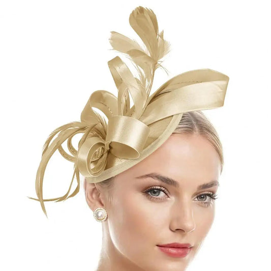 New in Hair Hoop Fascinator Hat with Hair Clip Elastic Band Faux Feather Ribbon Decor Satin Fabric Women Headband Accessories - www.Shopthatapp.com