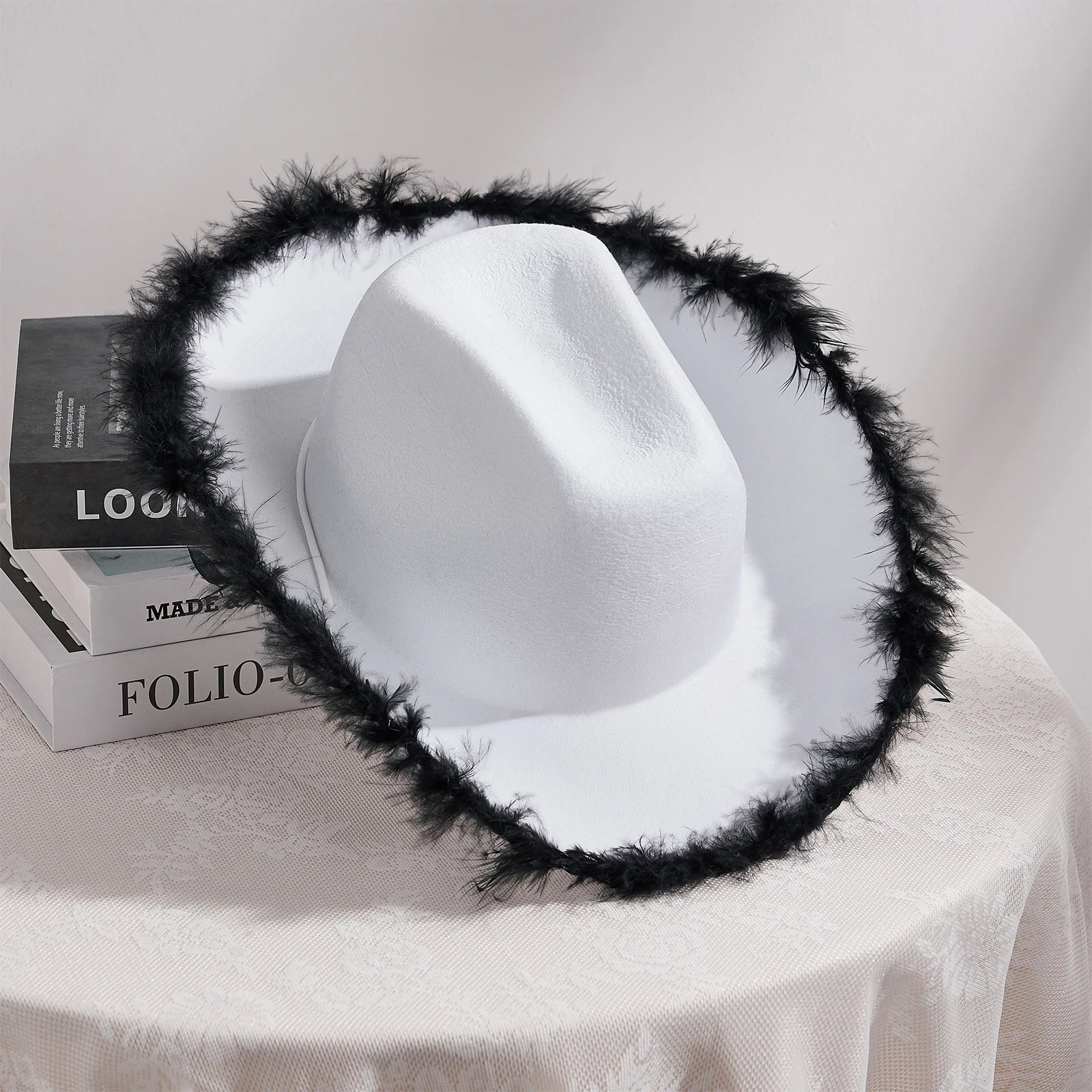 2024 Fashion Women´s Party Hats Cowboy Hat Adult Solid Color Furry Trim Wide Brim Hat Female Cap for Dating Party - www.Shopthatapp.com