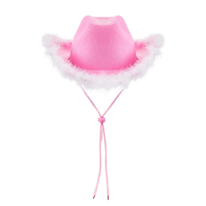 2024 Fashion Women´s Party Hats Cowboy Hat Adult Solid Color Furry Trim Wide Brim Hat Female Cap for Dating Party - www.Shopthatapp.com