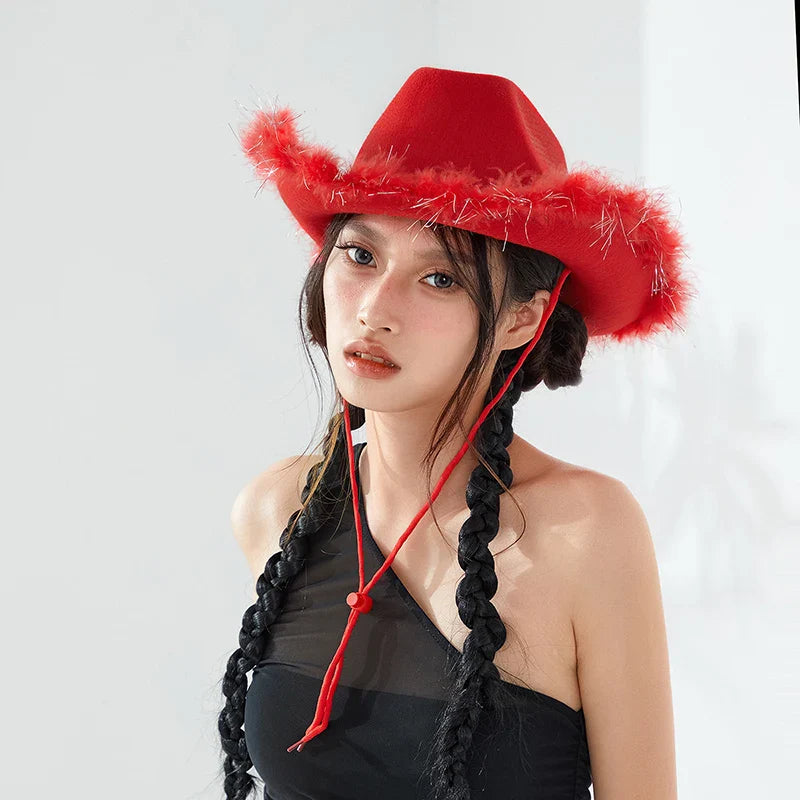2024 Fashion Women´s Party Hats Cowboy Hat Adult Solid Color Furry Trim Wide Brim Hat Female Cap for Dating Party - www.Shopthatapp.com