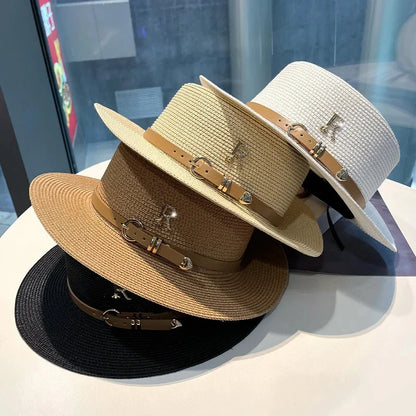 Summer Sun Hat Flat Top Straw Hats for Women New Metal R Letter Fashionable Beach Sun Hat Females Travel Holidays Boater Hat - www.Shopthatapp.com