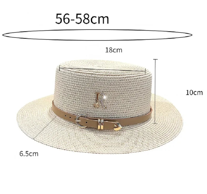 Summer Sun Hat Flat Top Straw Hats for Women New Metal R Letter Fashionable Beach Sun Hat Females Travel Holidays Boater Hat - www.Shopthatapp.com