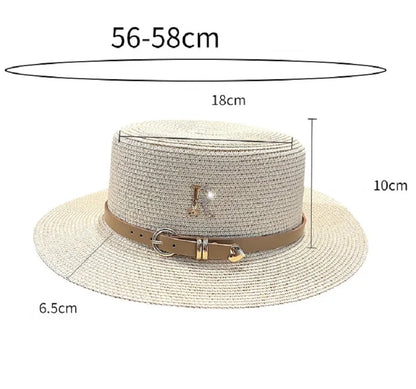 Summer Sun Hat Flat Top Straw Hats for Women New Metal R Letter Fashionable Beach Sun Hat Females Travel Holidays Boater Hat - www.Shopthatapp.com