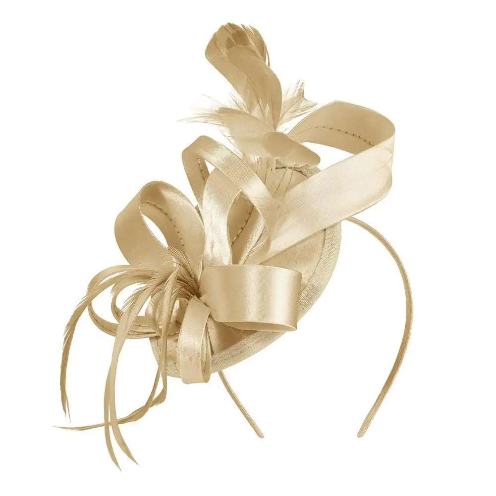 New in Hair Hoop Fascinator Hat with Hair Clip Elastic Band Faux Feather Ribbon Decor Satin Fabric Women Headband Accessories - www.Shopthatapp.com