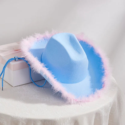 2024 Fashion Women´s Party Hats Cowboy Hat Adult Solid Color Furry Trim Wide Brim Hat Female Cap for Dating Party - www.Shopthatapp.com