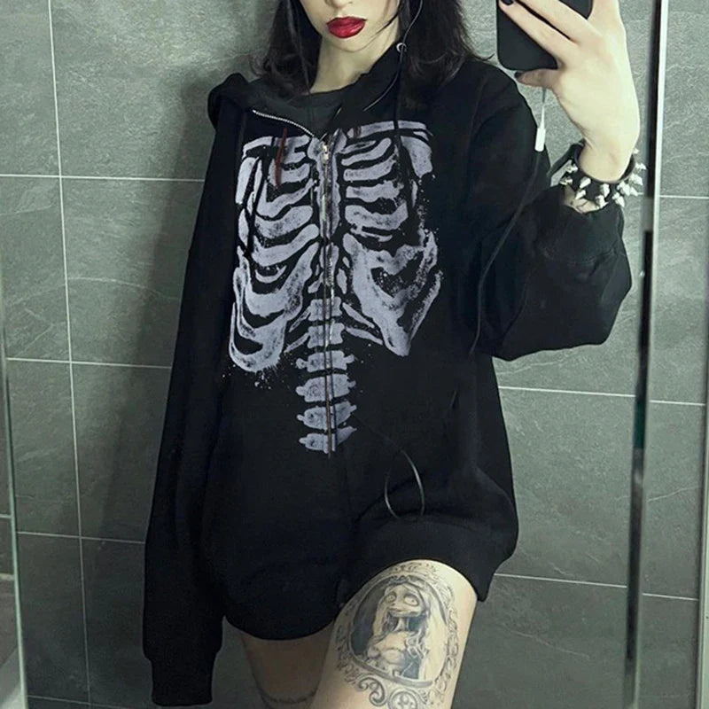Women's Dark Aesthetic Hoodies Gothic Punk Skull Print Sweatshirt Long Sleeves Casual Hooded Coat y2k Fairycore Grunge Clothes - www.Shopthatapp.com