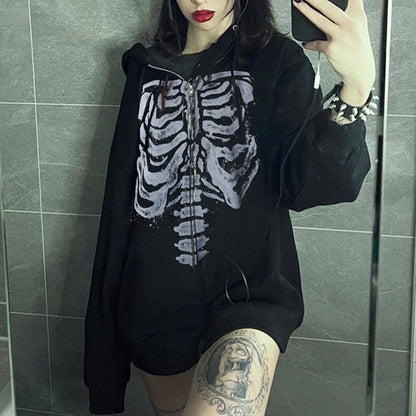 Women's Dark Aesthetic Hoodies Gothic Punk Skull Print Sweatshirt Long Sleeves Casual Hooded Coat y2k Fairycore Grunge Clothes - www.Shopthatapp.com