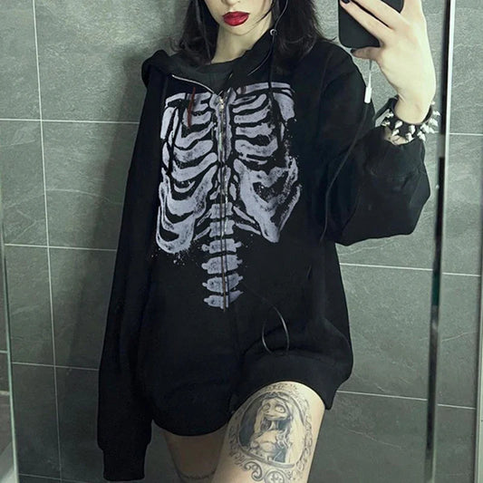 Women's Dark Aesthetic Hoodies Gothic Punk Skull Print Sweatshirt Long Sleeves Casual Hooded Coat y2k Fairycore Grunge Clothes - www.Shopthatapp.com