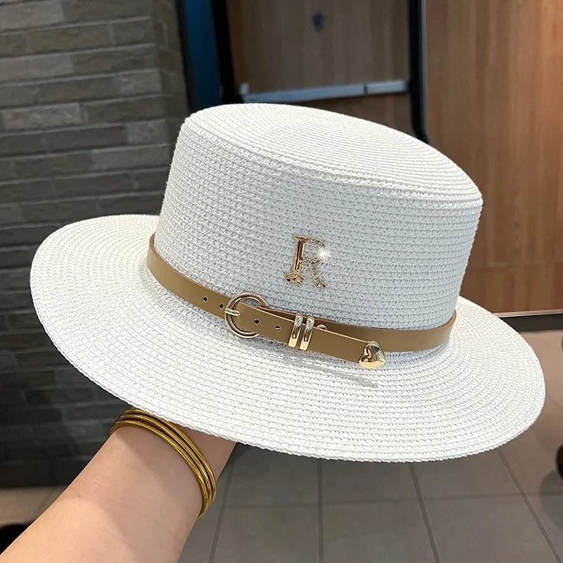 Summer Sun Hat Flat Top Straw Hats for Women New Metal R Letter Fashionable Beach Sun Hat Females Travel Holidays Boater Hat - www.Shopthatapp.com