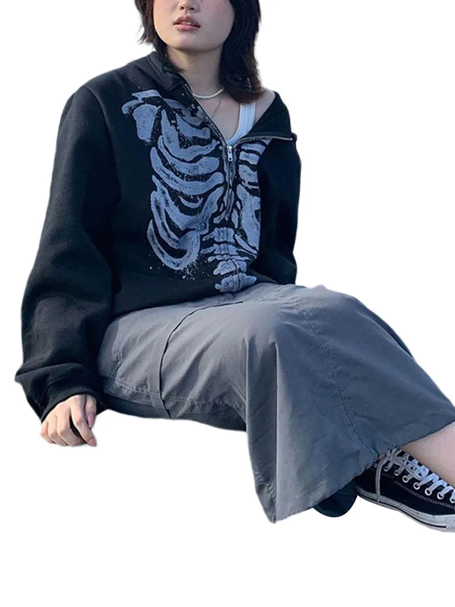 Women's Dark Aesthetic Hoodies Gothic Punk Skull Print Sweatshirt Long Sleeves Casual Hooded Coat y2k Fairycore Grunge Clothes - www.Shopthatapp.com