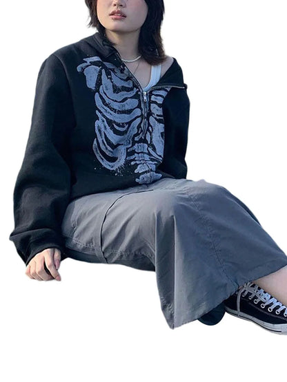 Women's Dark Aesthetic Hoodies Gothic Punk Skull Print Sweatshirt Long Sleeves Casual Hooded Coat y2k Fairycore Grunge Clothes - www.Shopthatapp.com