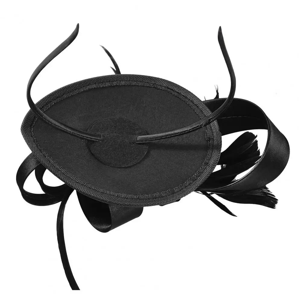 New in Hair Hoop Fascinator Hat with Hair Clip Elastic Band Faux Feather Ribbon Decor Satin Fabric Women Headband Accessories - www.Shopthatapp.com